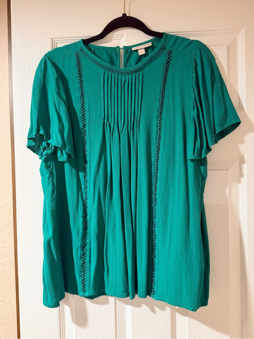 Knox Rose Teal Pintuck Lace-Trim Flutter Sleeve Blouse